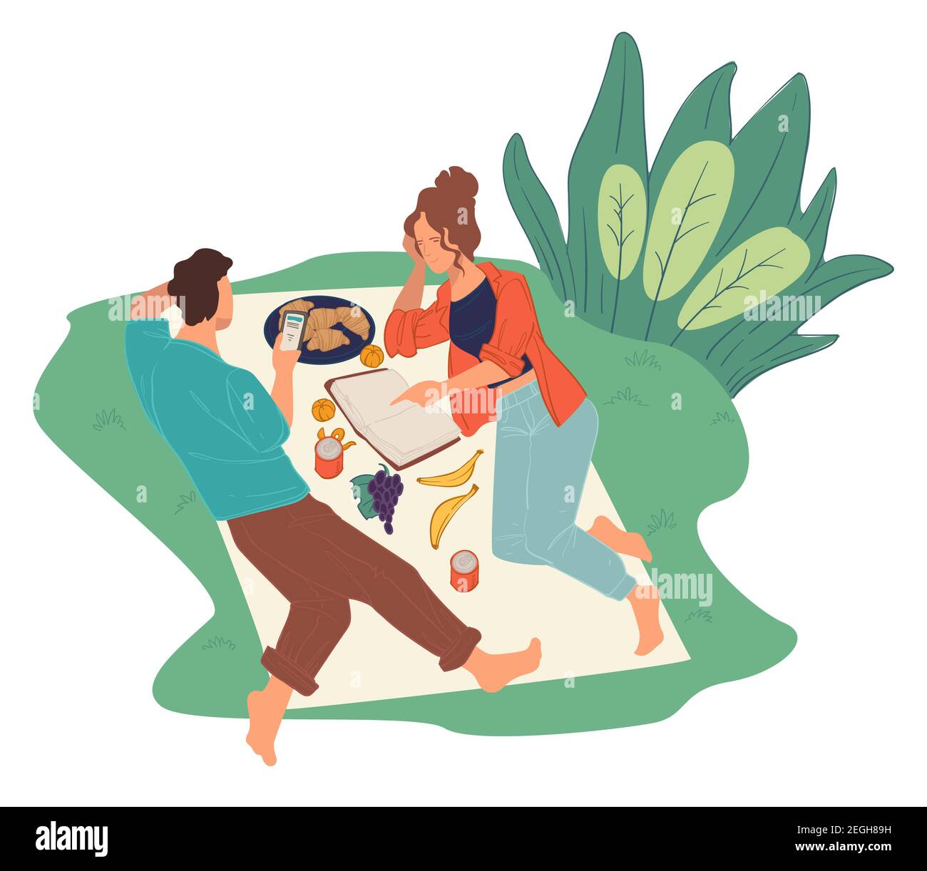 Couple on picnic reading book and browsing web Stock Vector