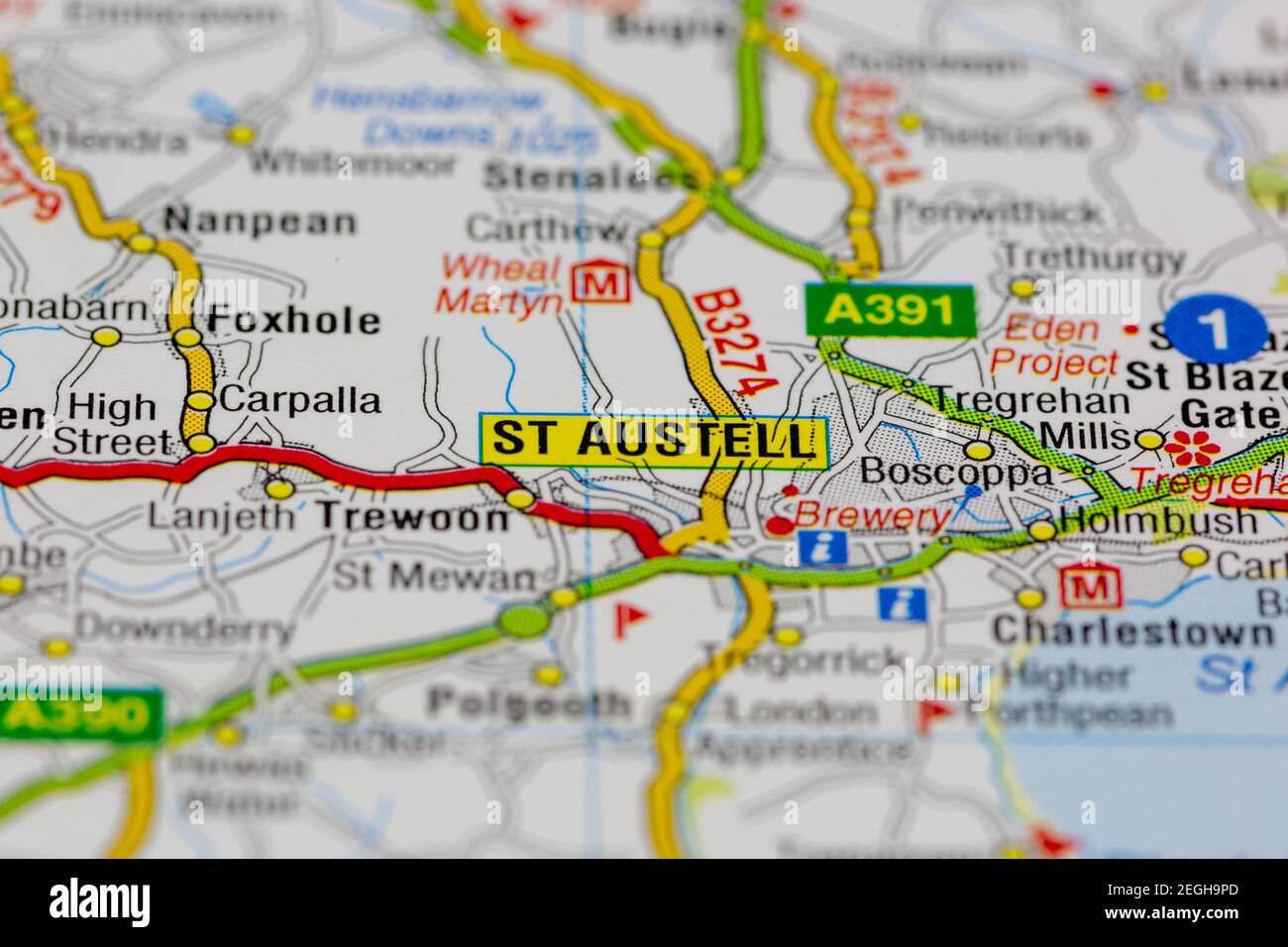 St Austell and surrounding areas shown on a road map or geography map Stock Photo