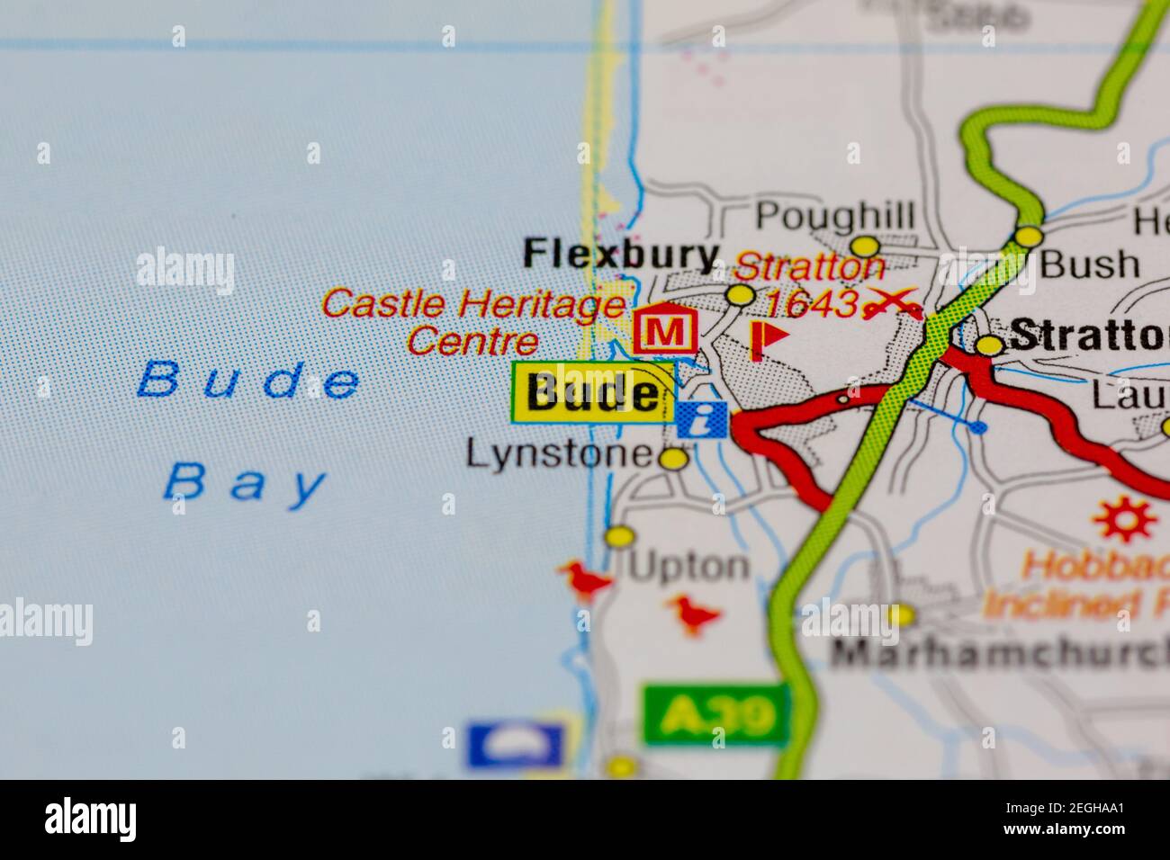 Bude and surrounding areas shown on a road map or geography map Stock