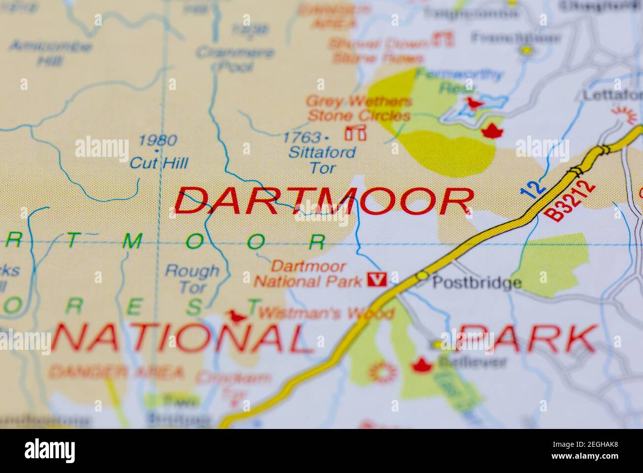 Dartmoor national park and surrounding areas shown on a road map or