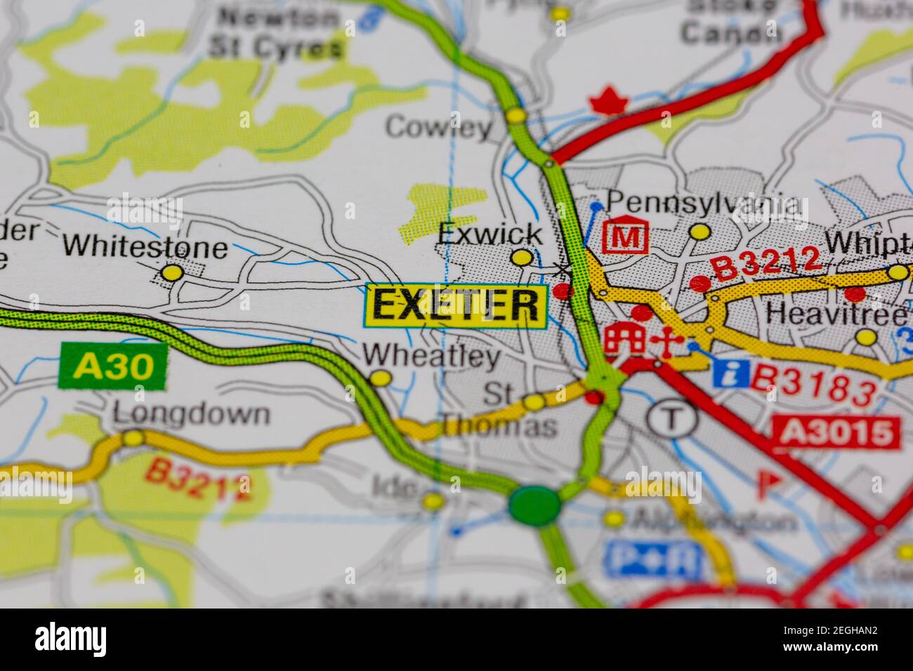 Exeter and surrounding areas shown on a road map or geography map Stock Photo