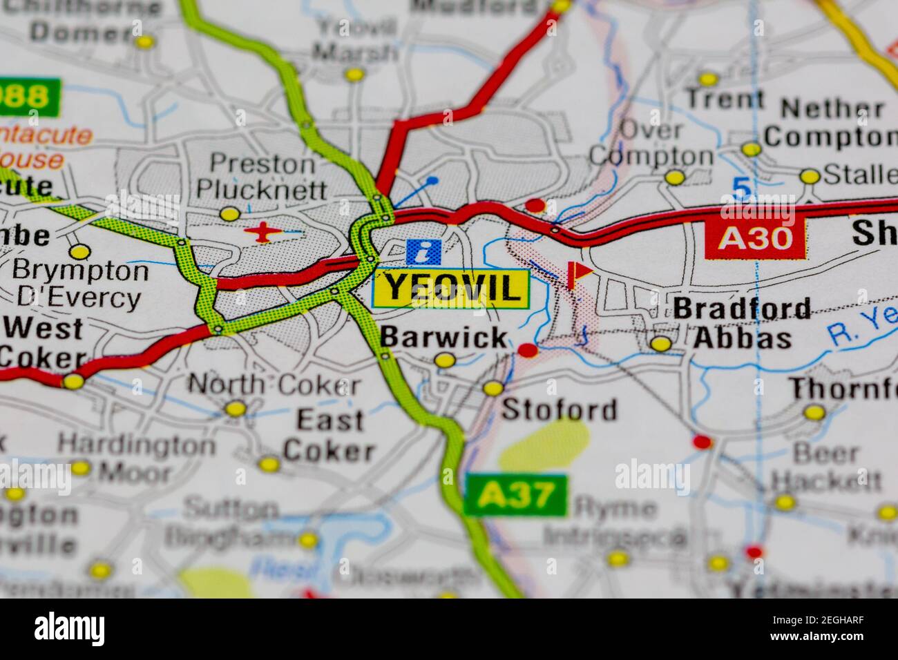 Yeovil and surrounding areas shown on a road map or geography map Stock Photo