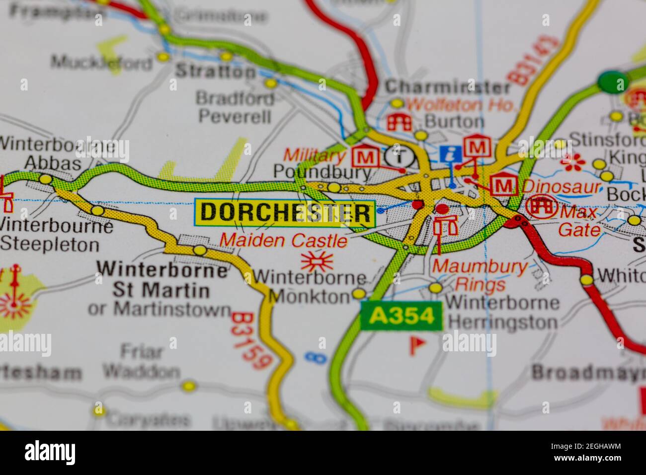 Dorchester and surrounding areas shown on a road map or geography map Stock Photo