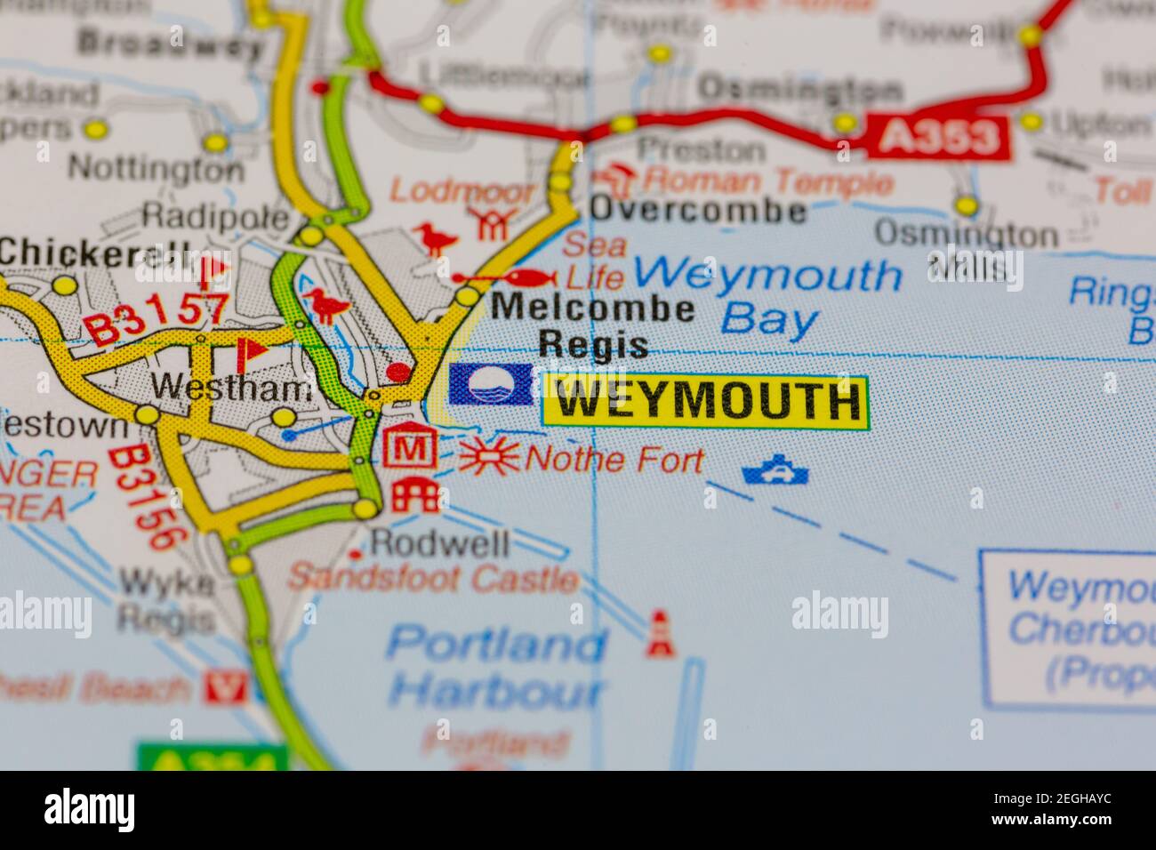 Weymouth And Surrounding Areas Shown On A Road Map Or Geography Map 2EGHAYC 