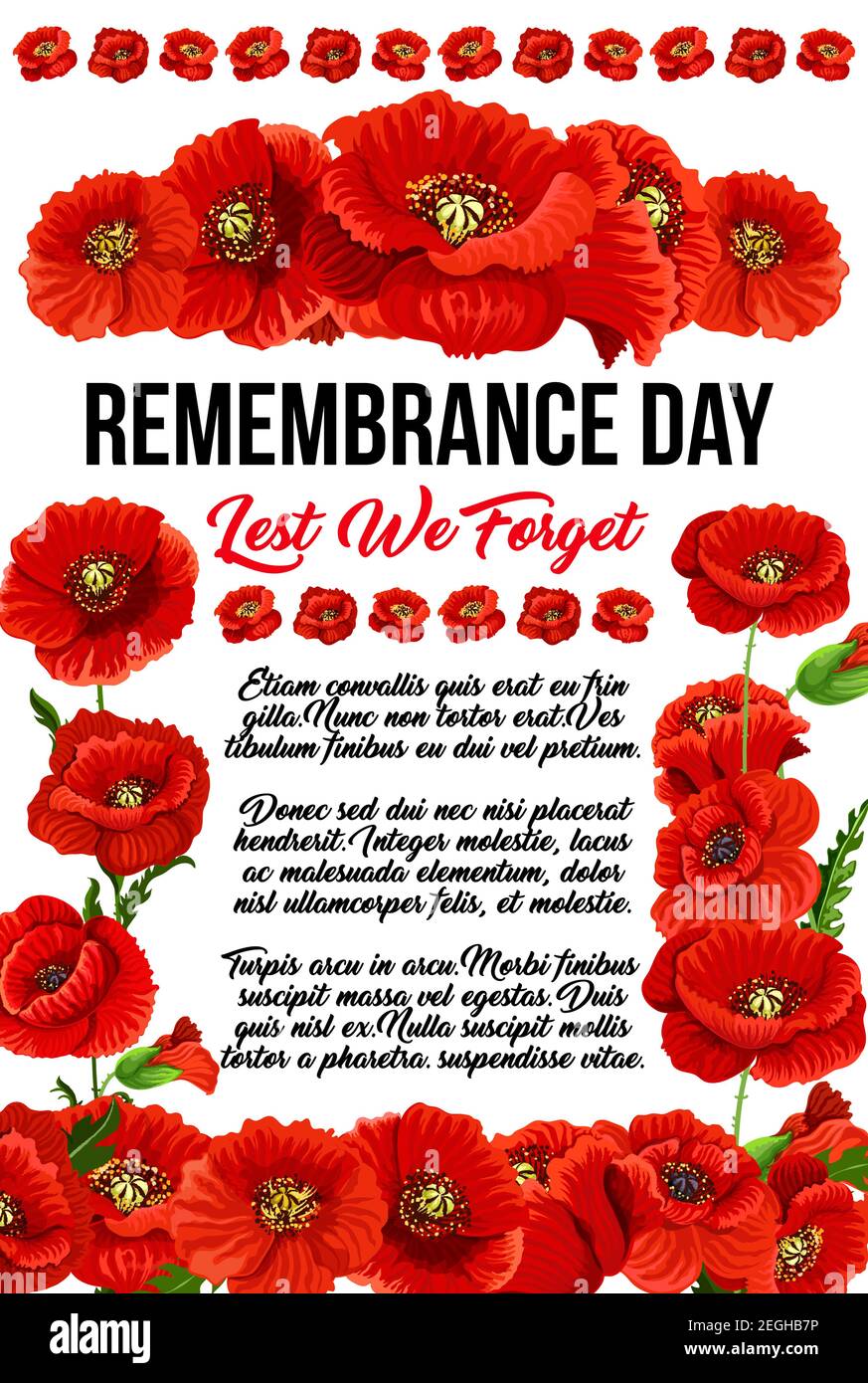 Creative design for Remembrance day with red poppies isolated on white background. Red text Lest we forget. Concept of honoring of soldiers killed in Stock Vector