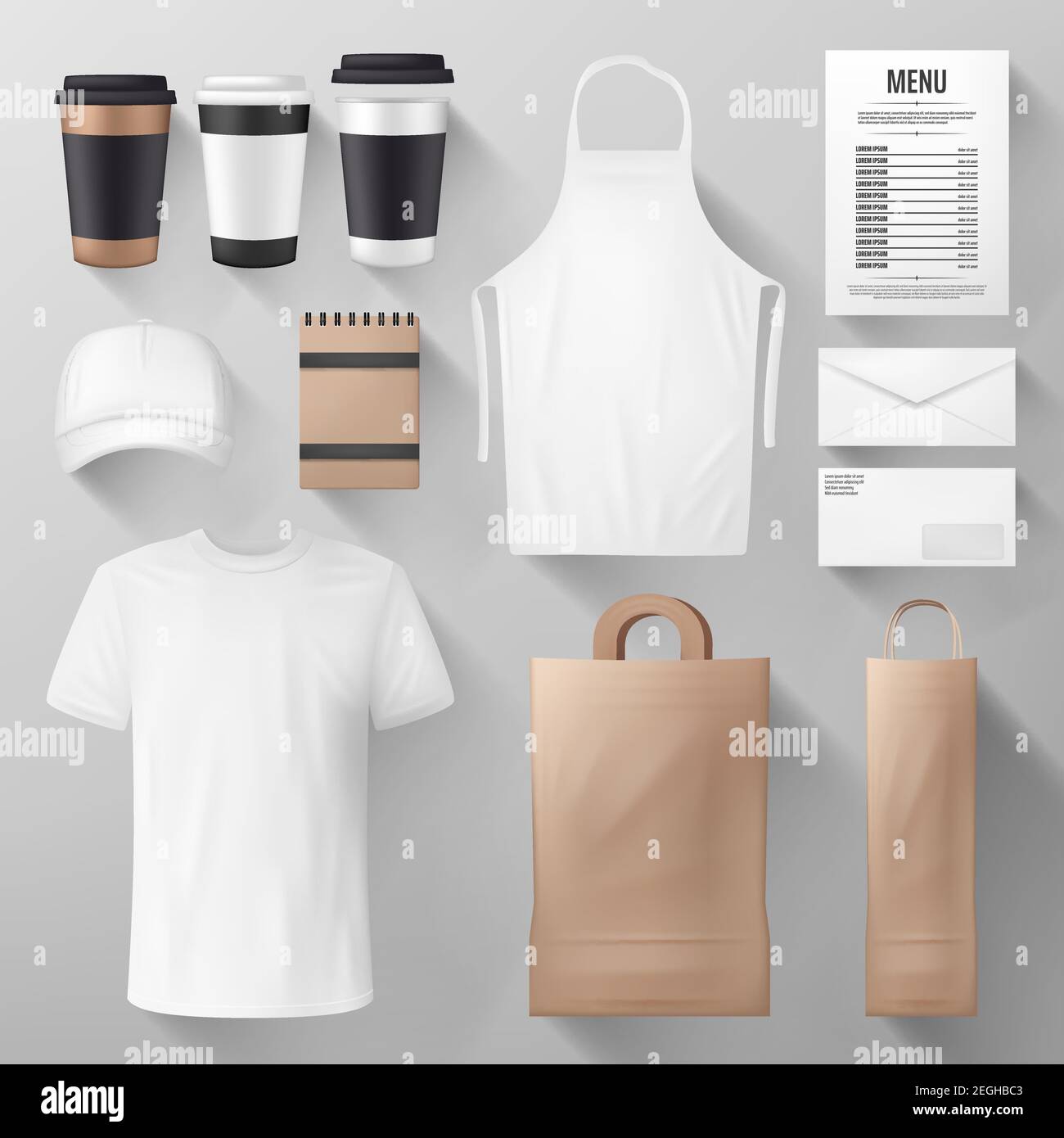 Download Restaurant Cafe And Coffee Shop Corporate Identity Mockup Template Of Food Package Menu Paper Cup And Bag Uniform Apron T Shirt And Cap Noteboo Stock Vector Image Art Alamy