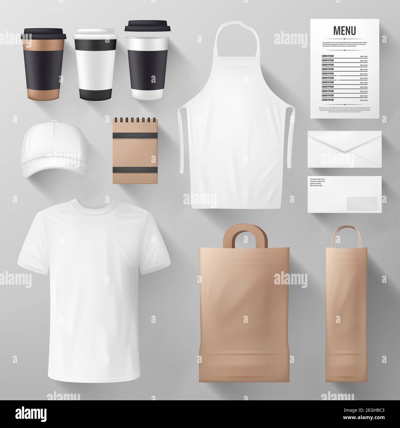 Restaurant, cafe and coffee shop corporate identity. Mockup template of  food package, menu, paper cup and bag, uniform apron, t-shirt and cap,  noteboo Stock Vector Image & Art - Alamy