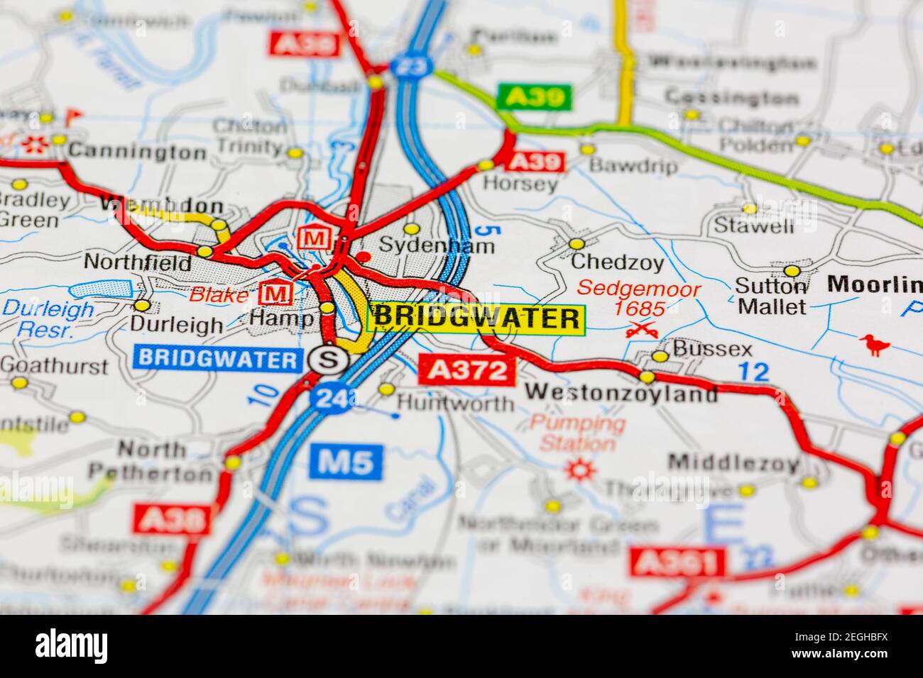 Bridgwater and surrounding areas shown on a road map or geography map Stock Photo