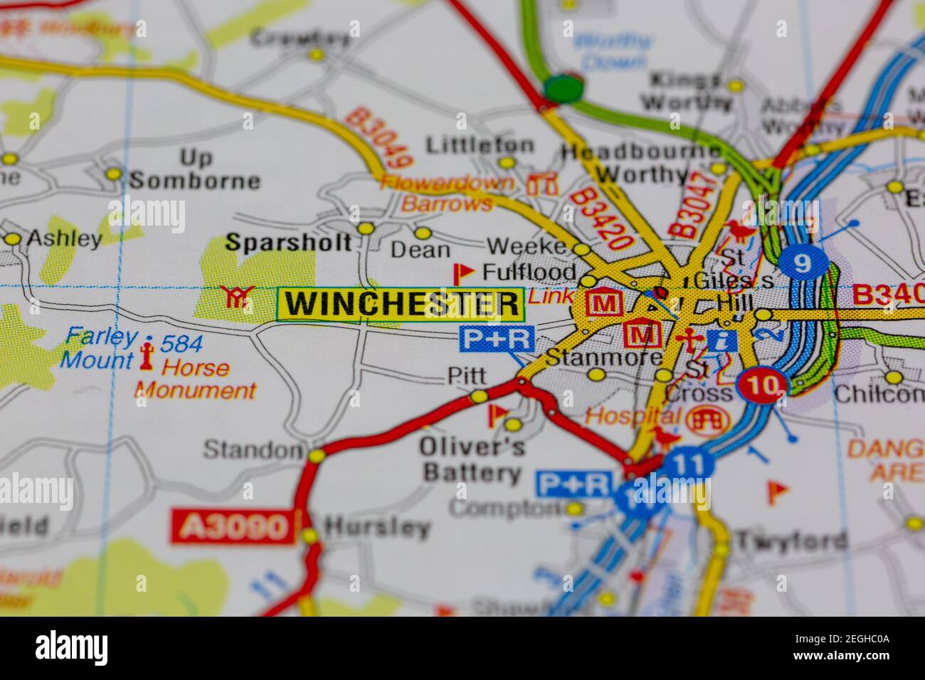Winchester and surrounding areas shown on a road map or geography map Stock Photo
