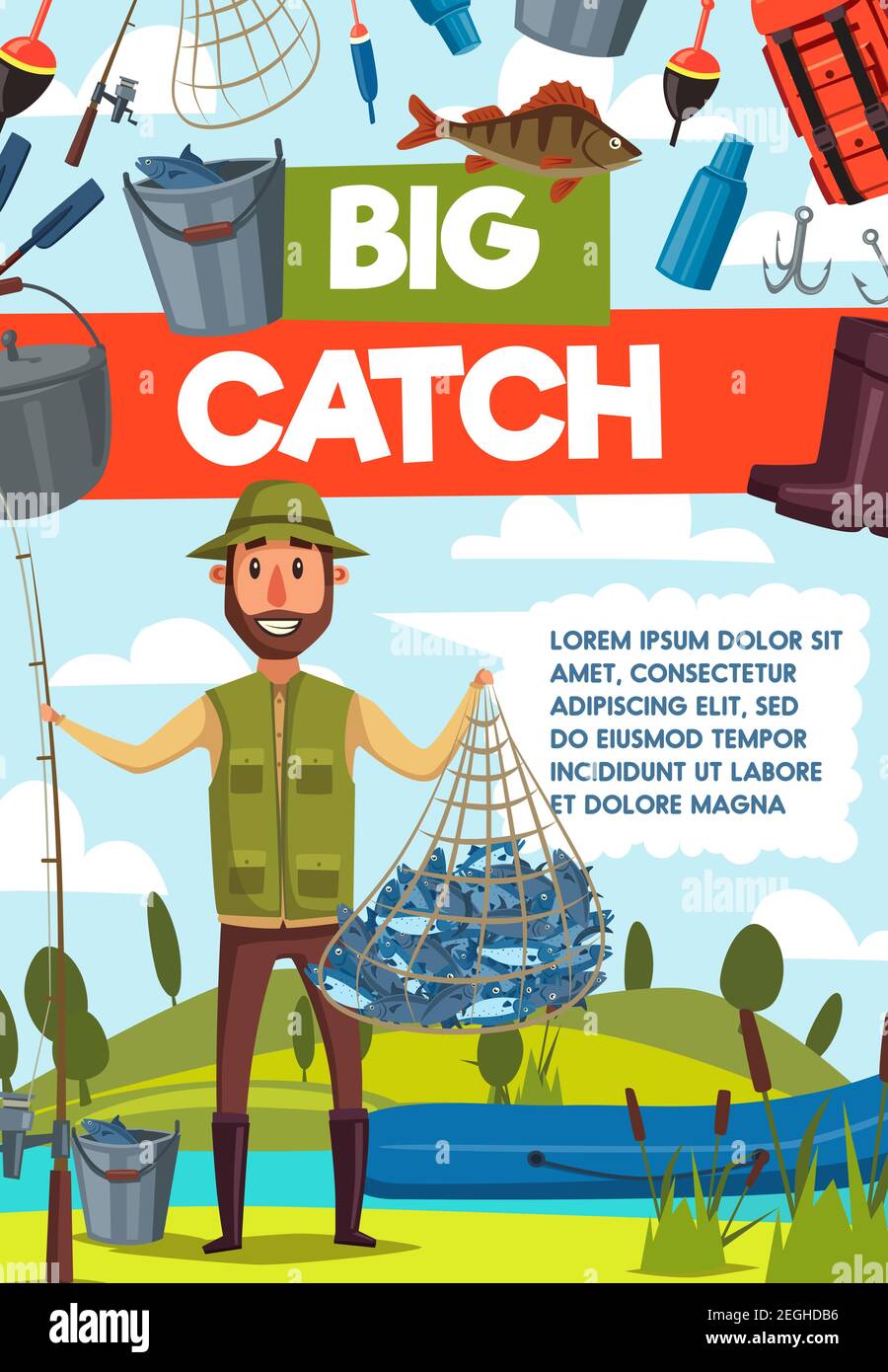 Big catch fish banner for fishing sport, outdoor activity design. Fisherman  with rod, fish net and boat on river or lake bank poster, adorned by hook  Stock Vector Image & Art 