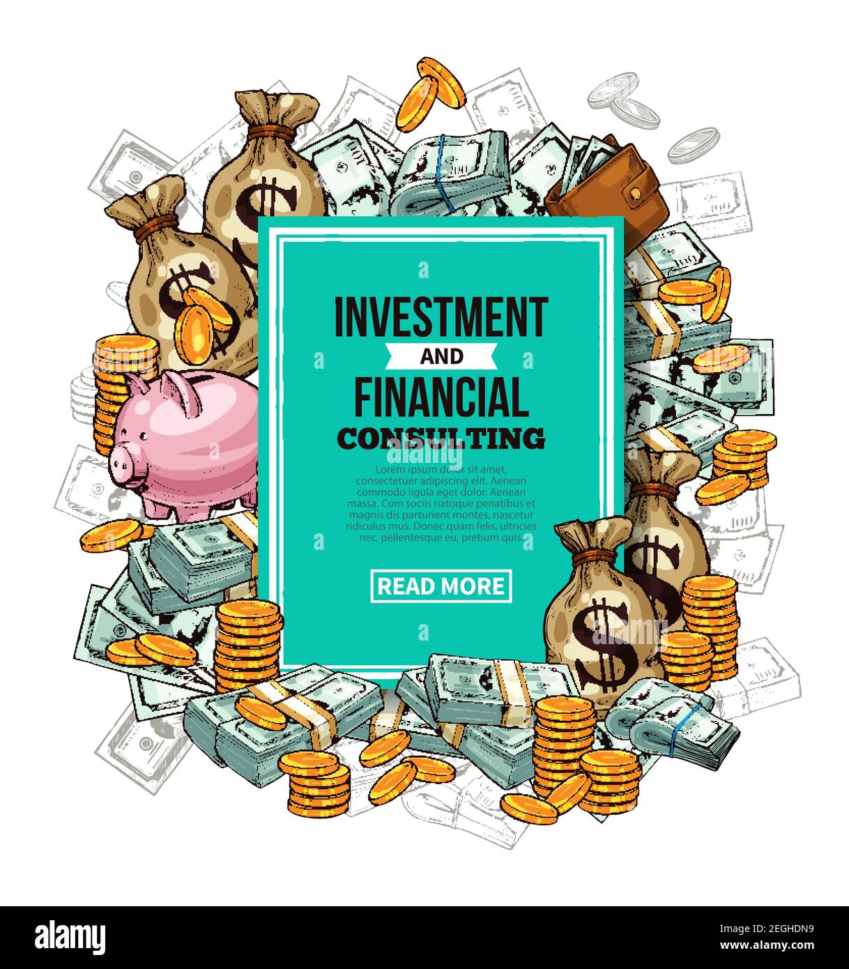 Investment and financial consulting sketch poster. Vector design of