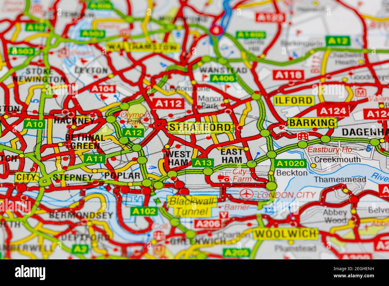 Stratford and surrounding areas shown on a road map or geography map Stock Photo