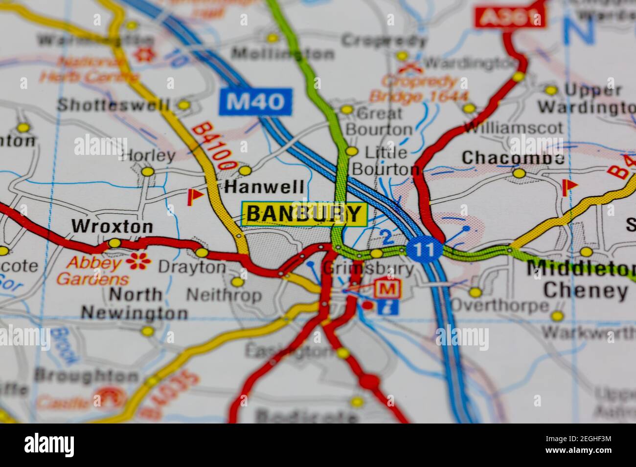 Banbury and surrounding areas shown on a road map or geography map Stock Photo