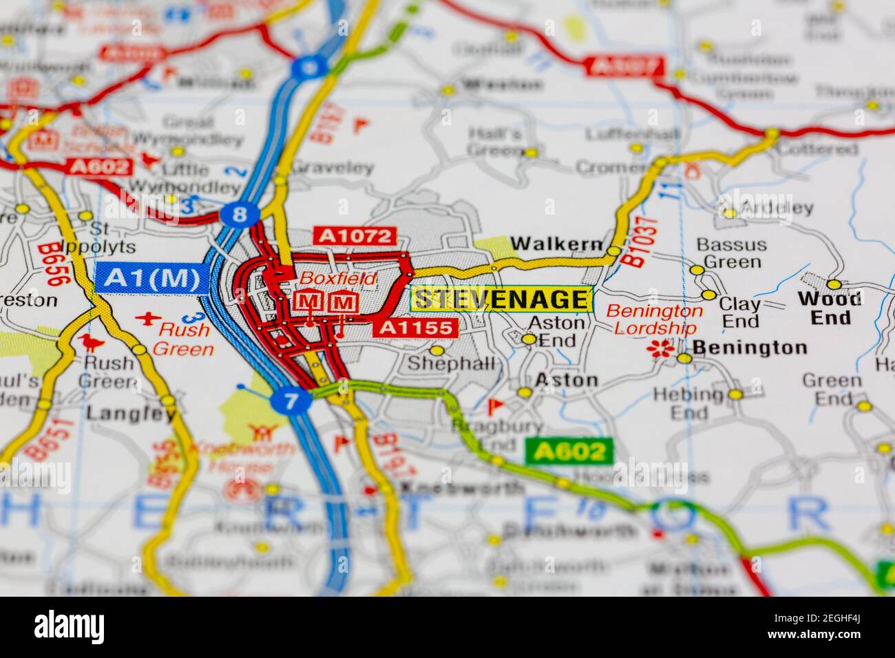 Stevenage and surrounding areas shown on a road map or geography map Stock Photo