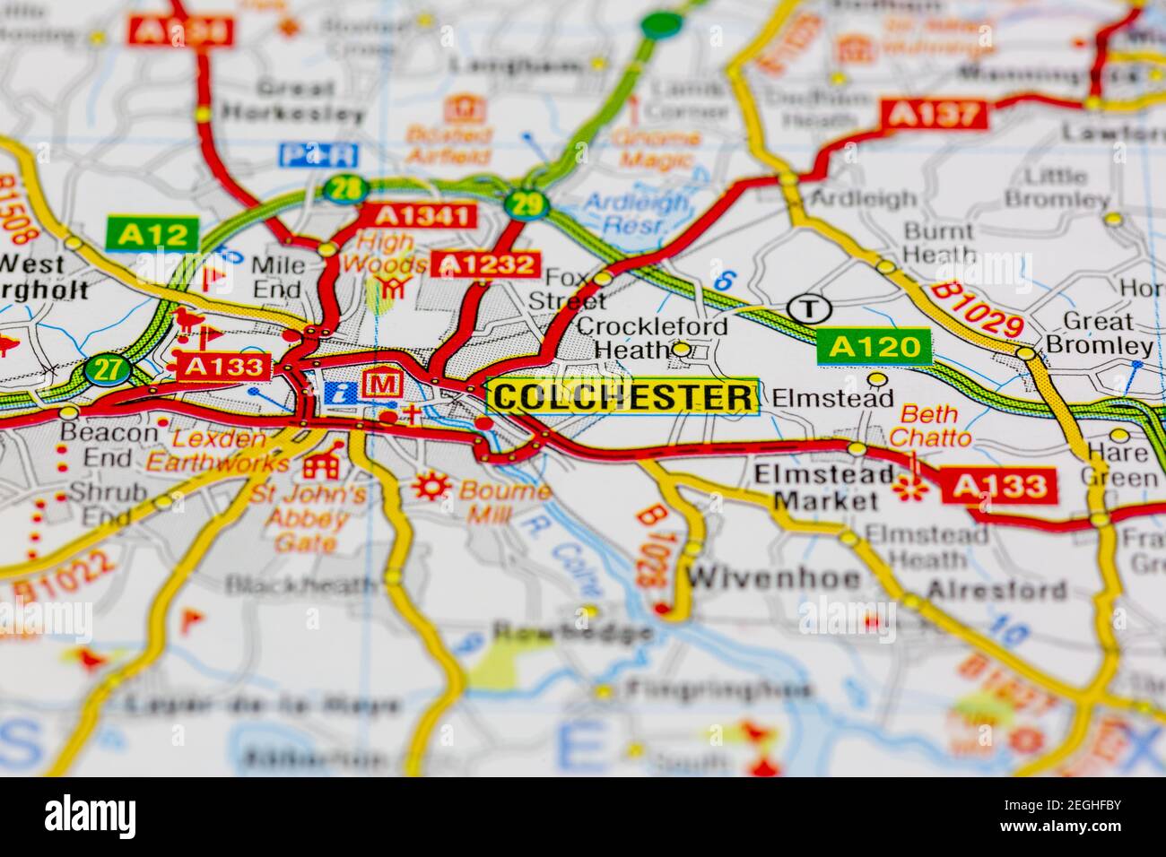 Colchester and surrounding areas shown on a road map or geography map ...