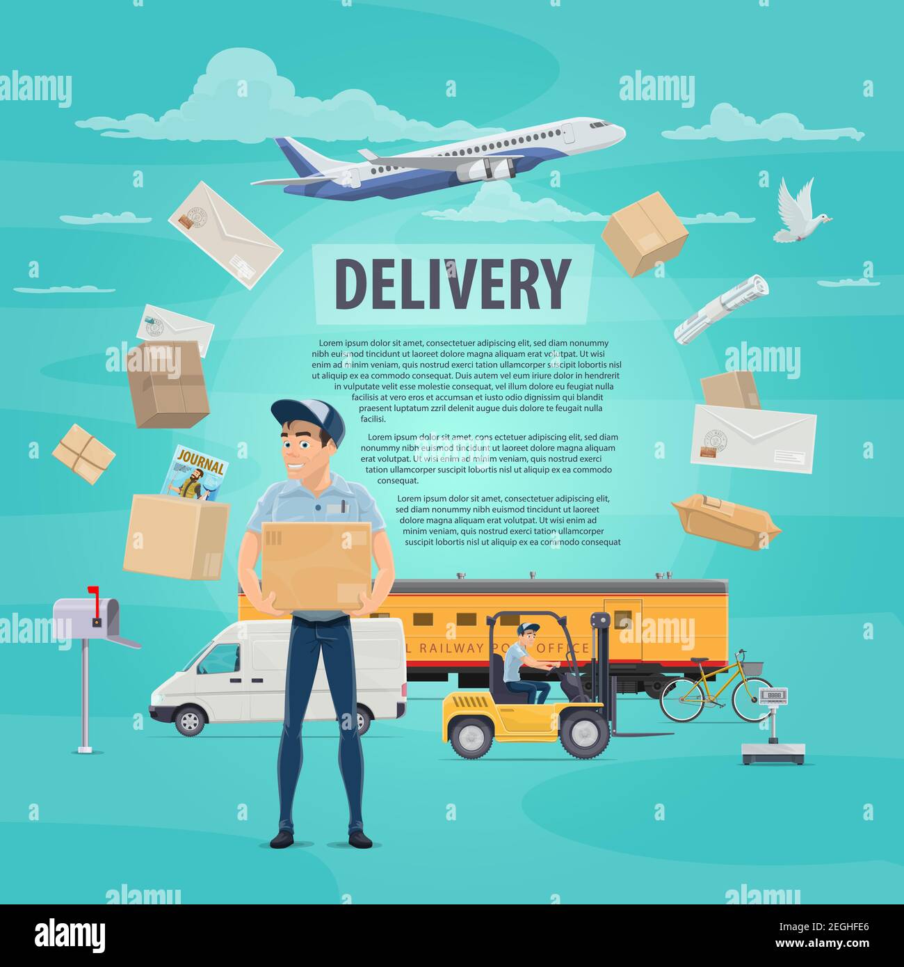 Post mail delivery poster for postage logistics. Vector flat design of