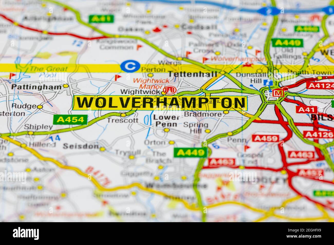 Wolverhampton and surrounding areas shown on a road map or geography map Stock Photo