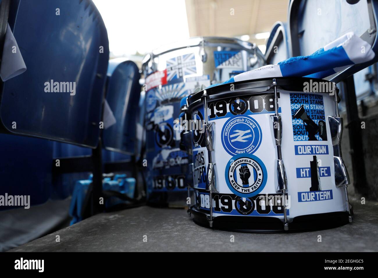 Football Soccer - Premier League - Huddersfield Town vs Newcastle United -  Huddersfield, Britain - August 20, 2017 General view of a drum with stickers  before the match Action Images via Reuters/Carl