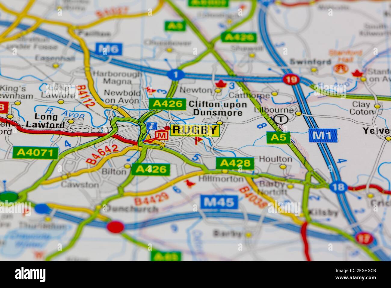 Rugby and surrounding areas shown on a road map or geography map Stock