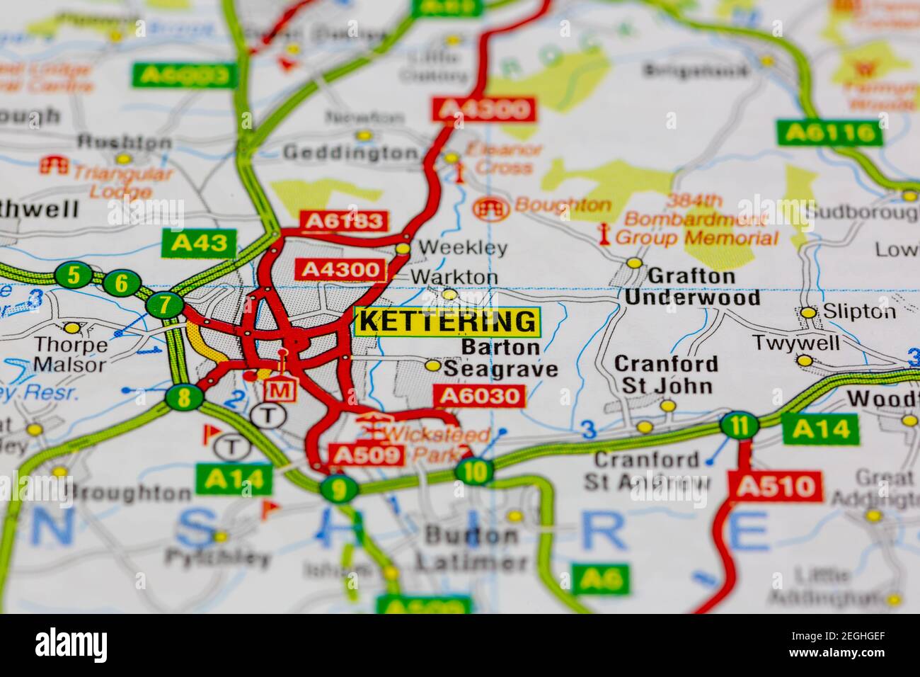 kettering and surrounding areas shown on a road map or geography map Stock Photo