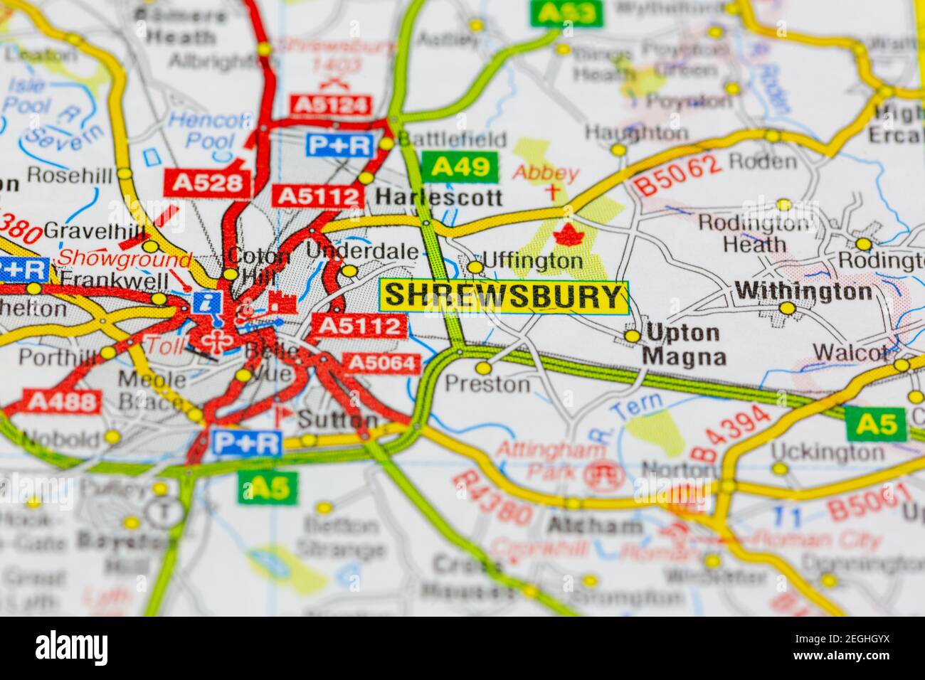 shrewsbury and surrounding areas shown on a road map or geography map ...