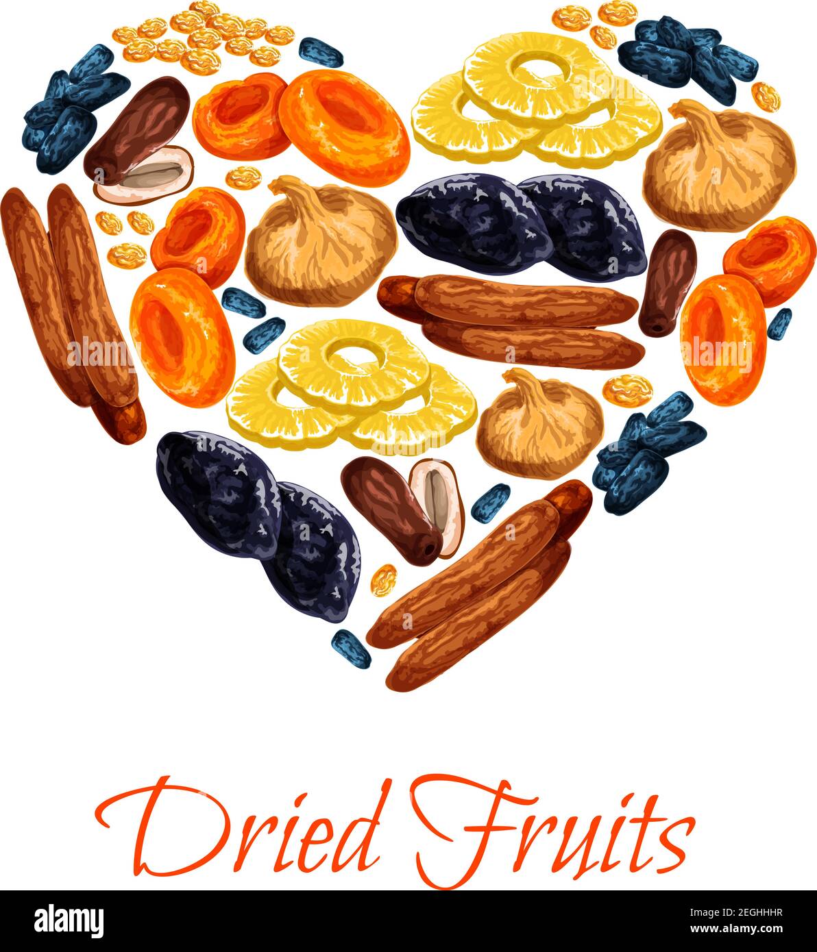 Dried fruits poster in heart shape of sweet dry fruit snacks. Vector