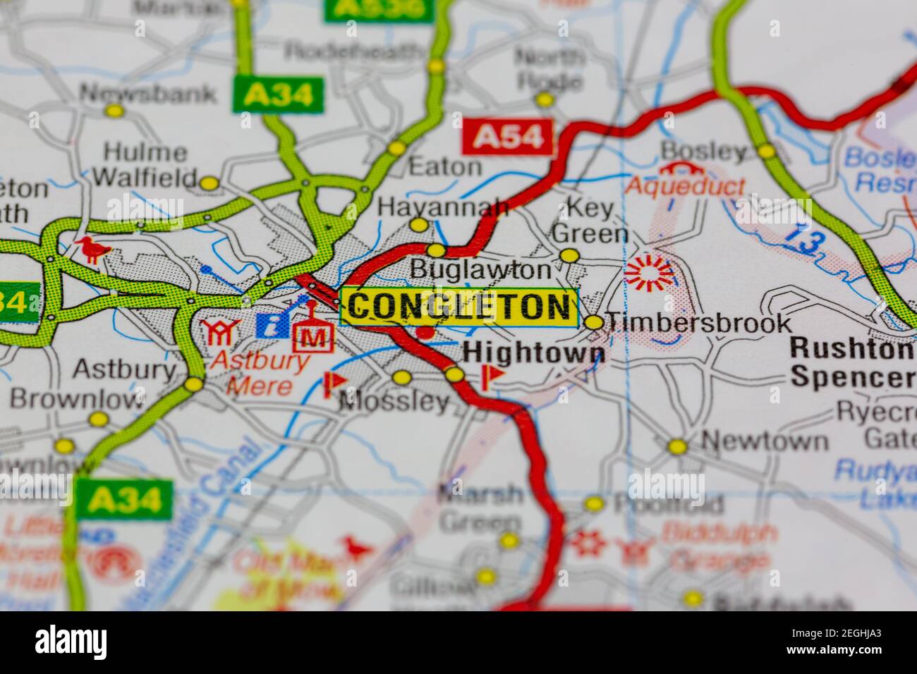Congleton and surrounding areas shown on a road map or geography map Stock Photo