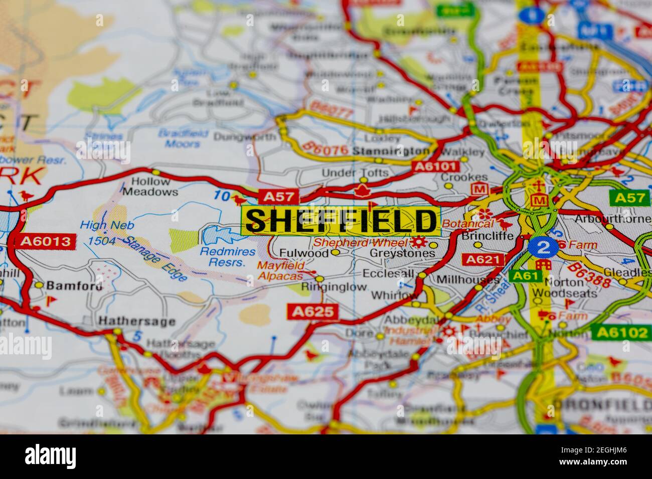 Sheffield and surrounding areas shown on a road map or geography map Stock Photo