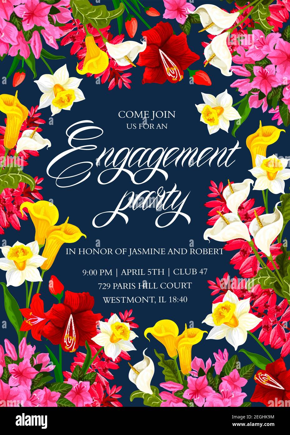 Engagement party colorful vector template. Flower design for the engagement  party of lovely couple. Creative poster with different colorful flowers ca  Stock Vector Image & Art - Alamy