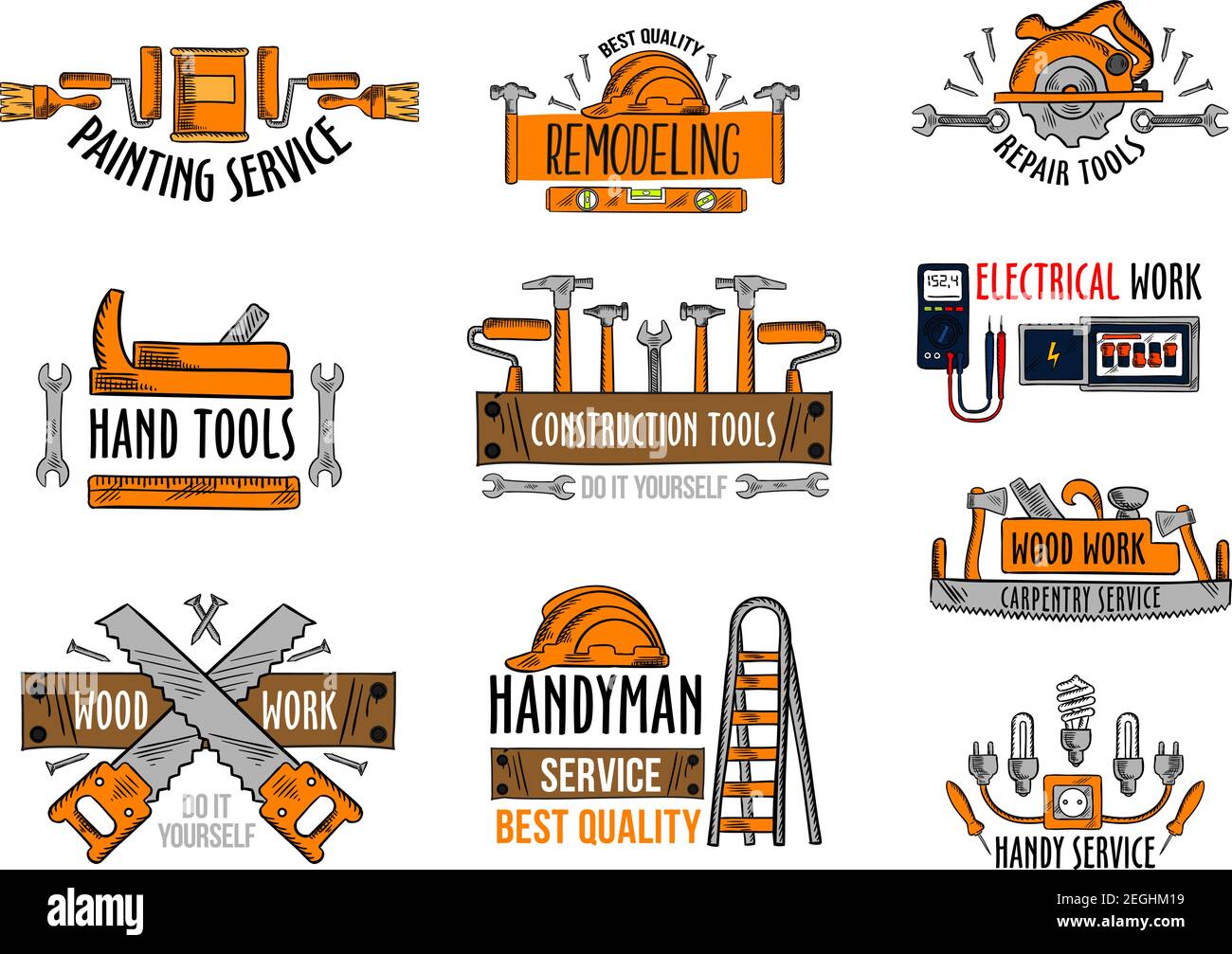 Work tools icons for house construction and home repair service. Vector ...