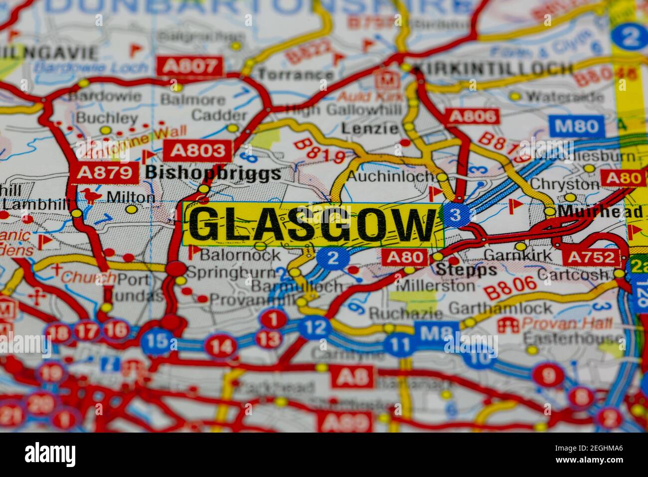 Glasgow, Scotland and surrounding areas shown on a road map or geography map Stock Photo