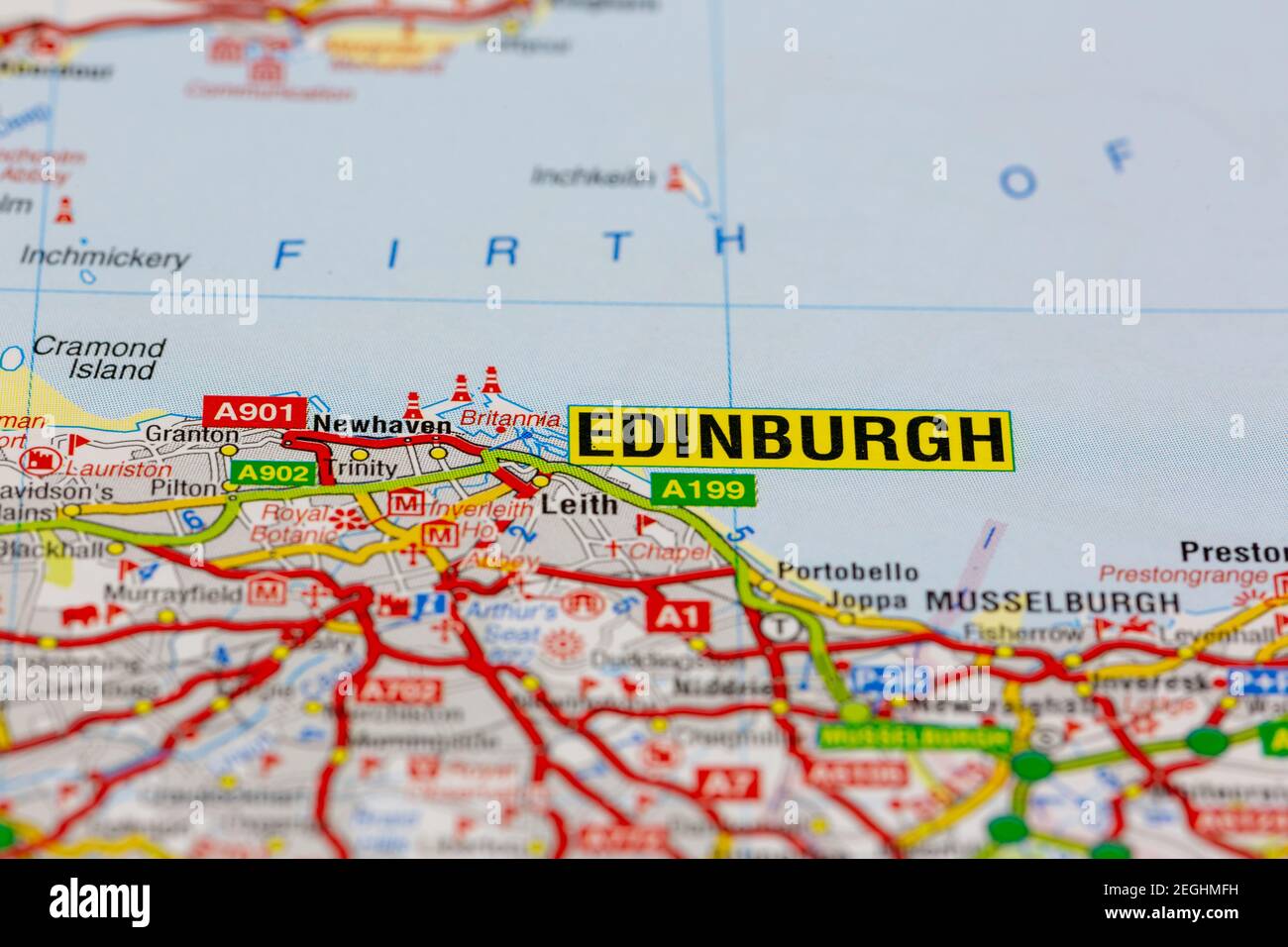 Edinburgh and surrounding areas shown on a road map or geography map Stock Photo