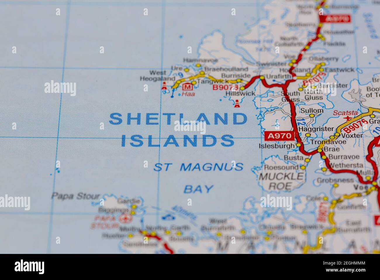 The shetland islands and surrounding areas shown on a road map or ...