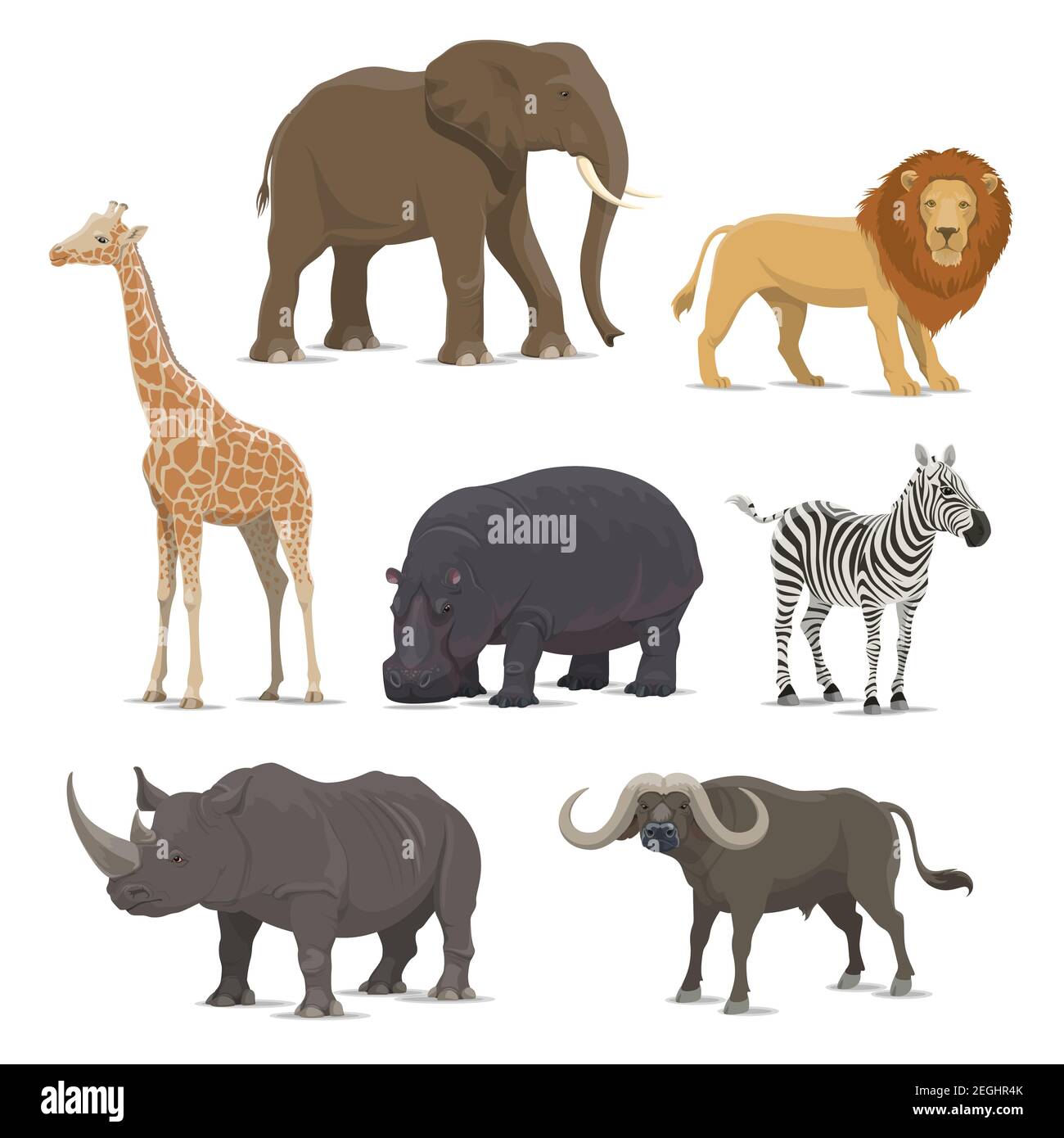 African animal cartoon icon set with wild savanna mammal. Elephant, lion  and giraffe, rhino, hippo, zebra and buffalo animal for zoo, safari hunting  a Stock Vector Image & Art - Alamy