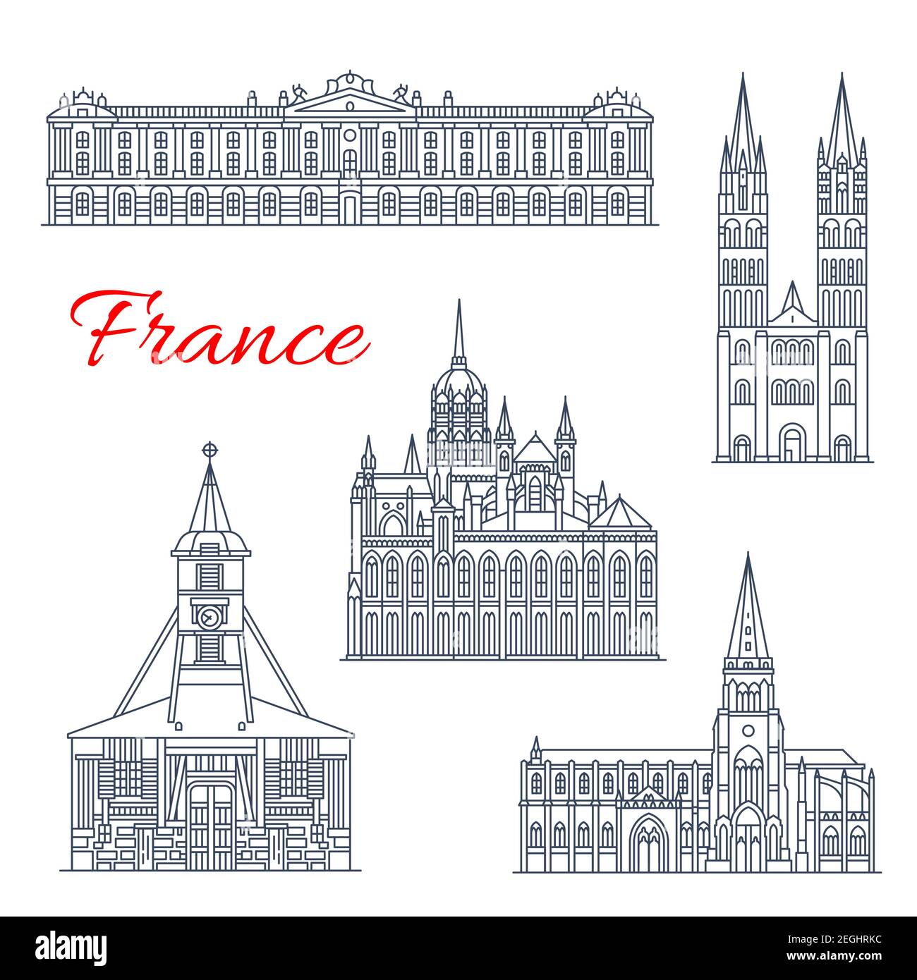 Travel landmark of France thin line icon of french architecture. Treguier Cathedral, City Hall of Toulouse and Abbey of St Etienne, Bayeux Cathedral a Stock Vector