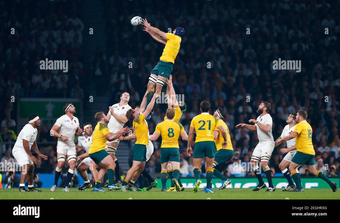 Rugby Union - England v Australia - IRB Rugby World Cup 2015 Pool A - Twickenham Stadium, London, England - 3/10/15  Australia's Dean Mumm wins a lineout  Reuters / Andrew Winning  Livepic Stock Photo