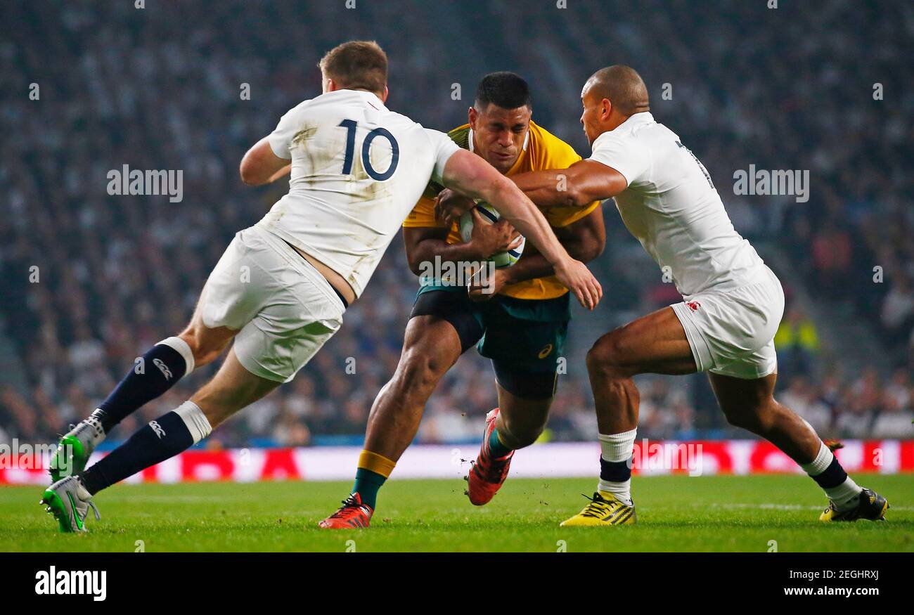 Rugby Union - England v Australia - IRB Rugby World Cup 2015 Pool A - Twickenham Stadium, London, England - 3/10/15  Australia's Scott Sio in action with England's Owen Farrell (L) and Jonathan Joseph  Reuters / Andrew Winning  Livepic Stock Photo