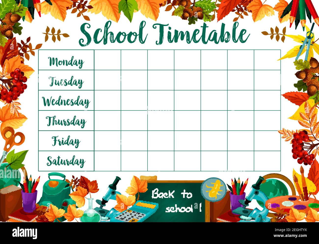 School daily timetable or lesson schedule of school bag and school stationery book or copybook and mathematics calculator, pencil or maple leaf and ge Stock Vector