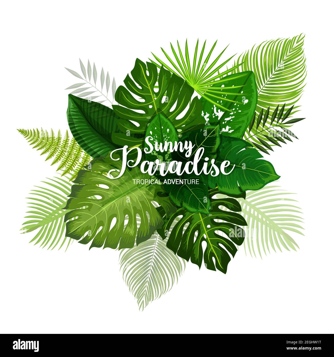 Summer tropical adventure poster with green leaf of palm. Exotic tree and plant foliage banner for hawaiian vacation or paradise holidays beach party Stock Vector