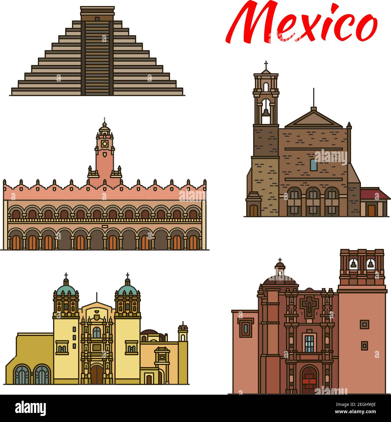 Travel landmark of Mexican and North American architecture icon set. Ancient Aztec Pyramid of Chichen Itza, Merida City Hall and Sacromonte Church, Mo Stock Vector