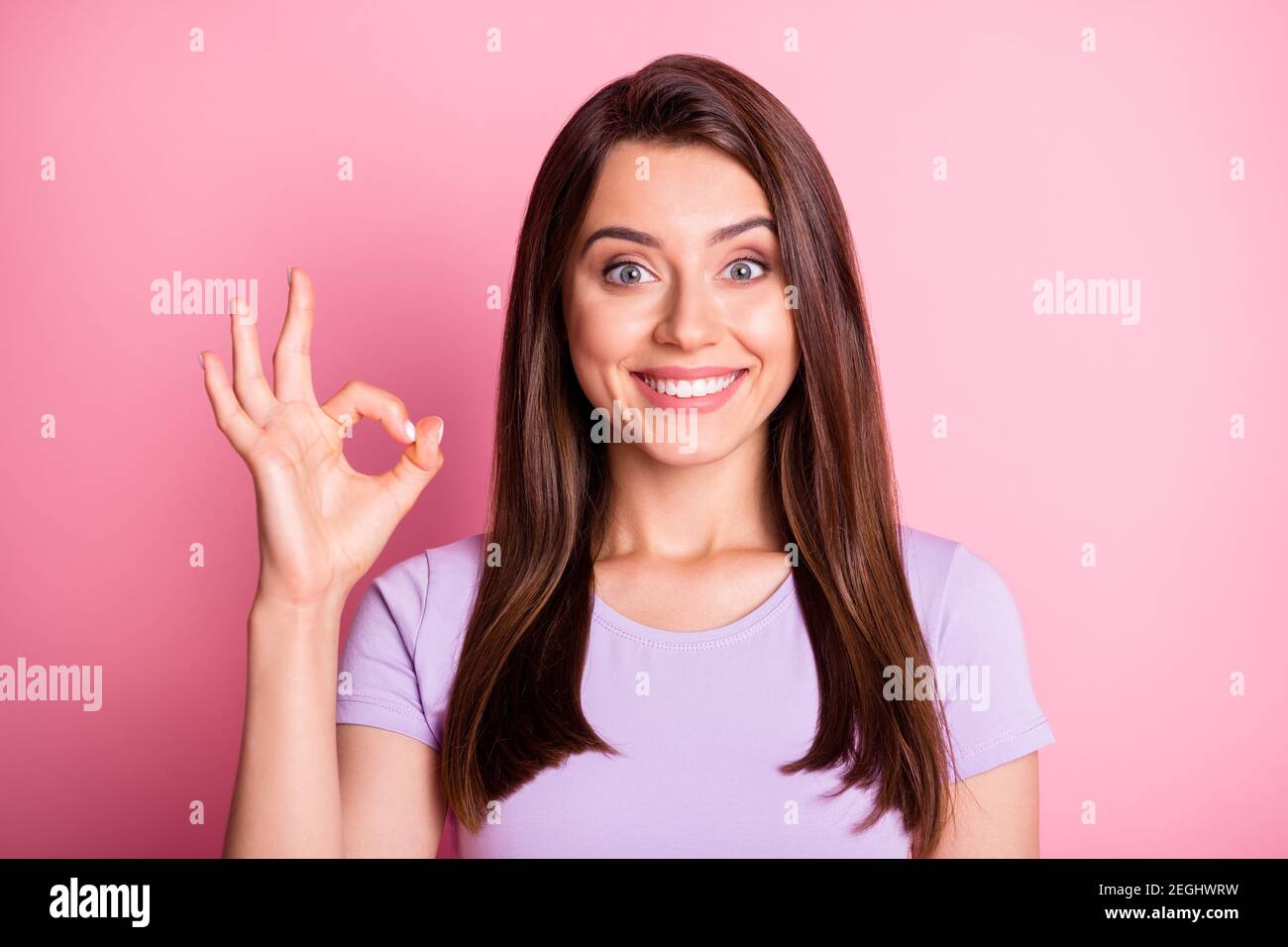 Photo portrait of funny cheerful girl showing okay sign gesture with ...