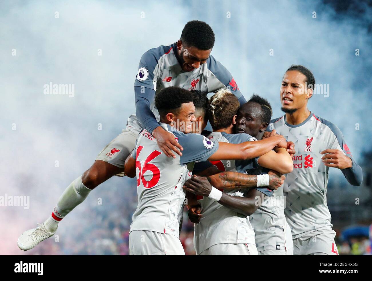 Soccer Football - Premier League - Crystal Palace v Liverpool - Selhurst Park, London, Britain - August 20, 2018  Liverpool's Sadio Mane celebrates scoring their second goal with team mates                     REUTERS/Eddie Keogh  EDITORIAL USE ONLY. No use with unauthorized audio, video, data, fixture lists, club/league logos or 'live' services. Online in-match use limited to 75 images, no video emulation. No use in betting, games or single club/league/player publications.  Please contact your account representative for further details. Stock Photo