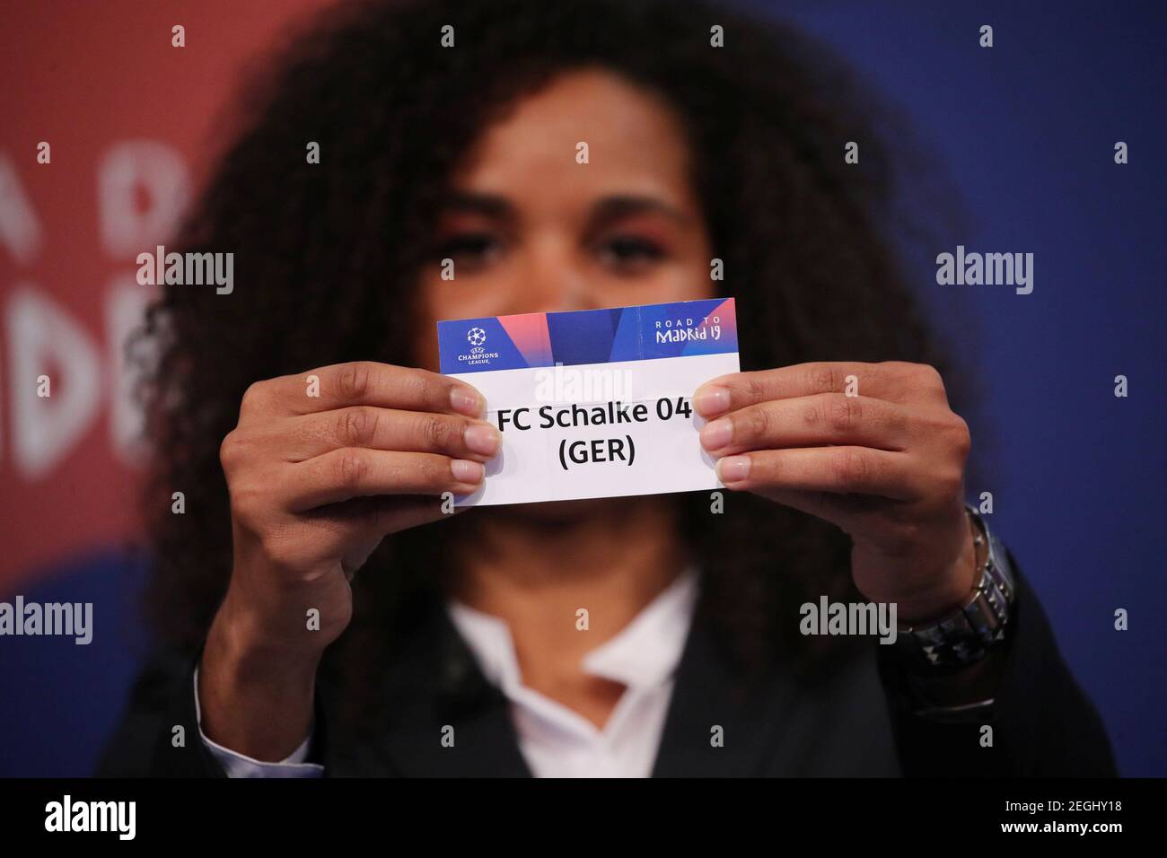 Soccer Football - Champions League - Round of 16 Draw - Nyon, Switzerland -  December 17, 2018 UEFA Champions League ambassador Laura Georges draws  Schalke 04 REUTERS/Denis Balibouse Stock Photo - Alamy