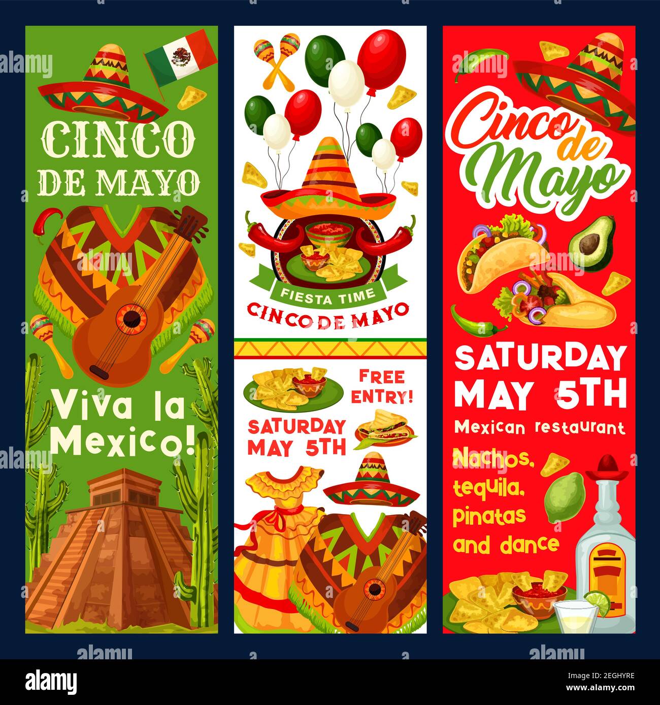 Cinco de Mayo Mexican party invitation banners or holiday fiesta flyers ...