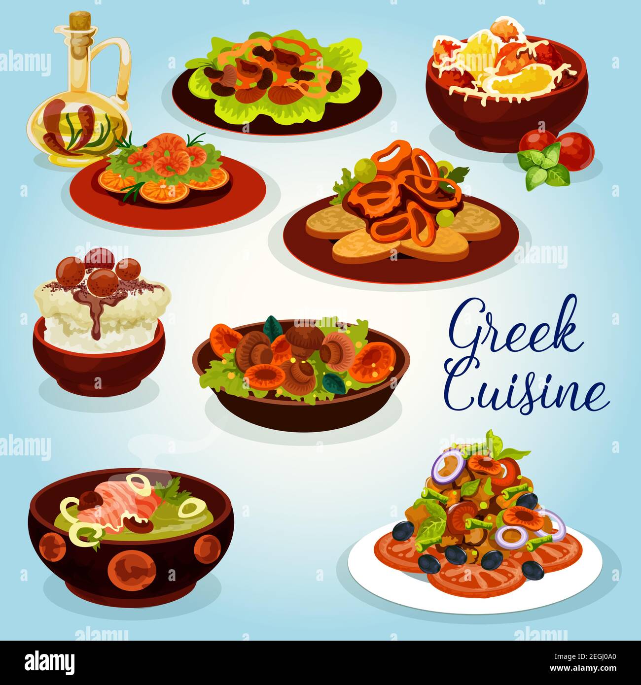 Greek cuisine icon with traditional lunch dish. Feta cheese stuffed pepper, vegetable bean and mushroom salad, lamb stew, squid in wine sauce and fish Stock Vector