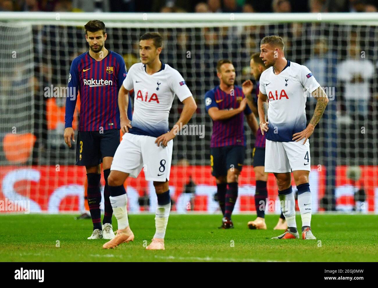 Soccer Football - Champions League - Group Stage - Group B - Tottenham Hotspur v FC Barcelona - Wembley Stadium, London, Britain - October 3, 2018  Tottenham's Toby Alderweireld looks dejected after Barcelona's Lionel Messi (not pictured) scored their third goal   REUTERS/Dylan Martinez Stock Photo
