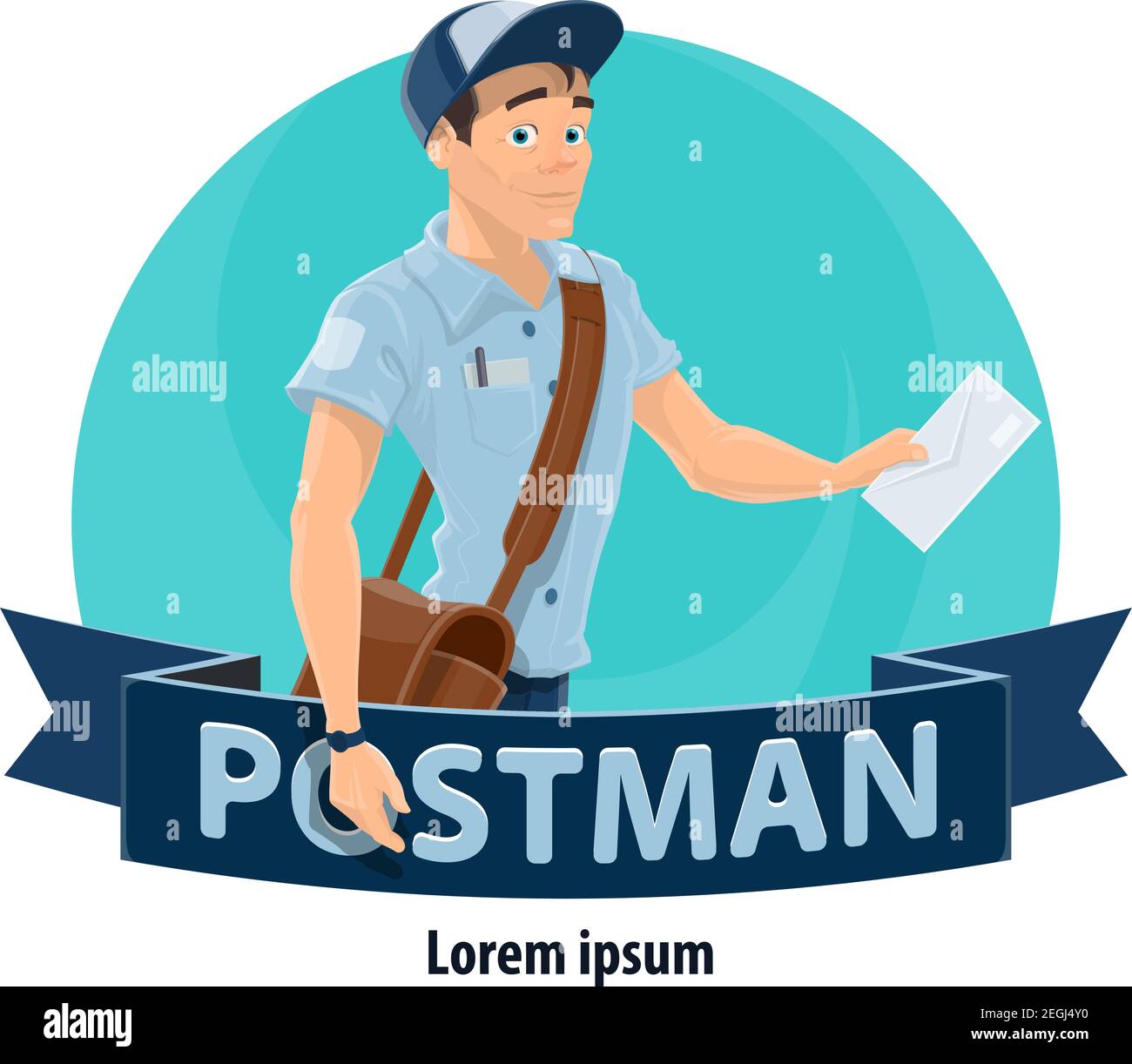 Postman with mailbag and letter cartoon icon. Mailman in blue uniform and hat delivering letter envelope symbol with ribbon banner for postal office w Stock Vector