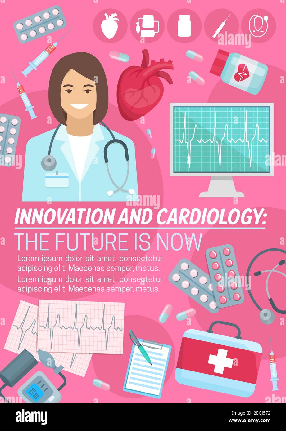 Cardiology and innovation cardio medicine poster for heart health clinic and medical surgery. Vector design of cardiologist doctor, first aid kit and Stock Vector