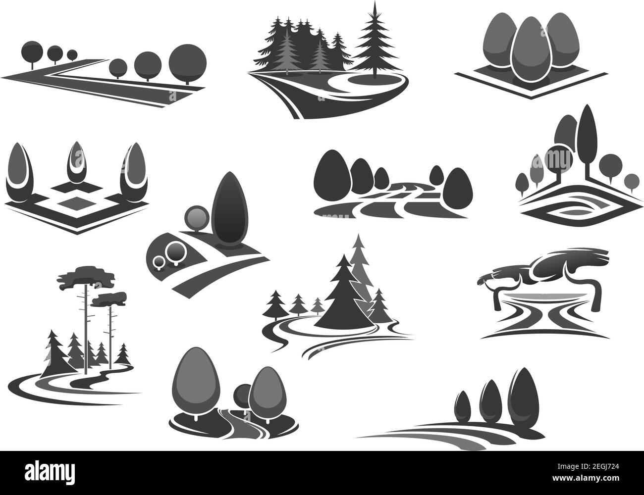 Nature landscape of park and forest isolated icon set. Summer tree and plant, grass field, decorative lawn and forestland meadow symbol. Ecology, outd Stock Vector