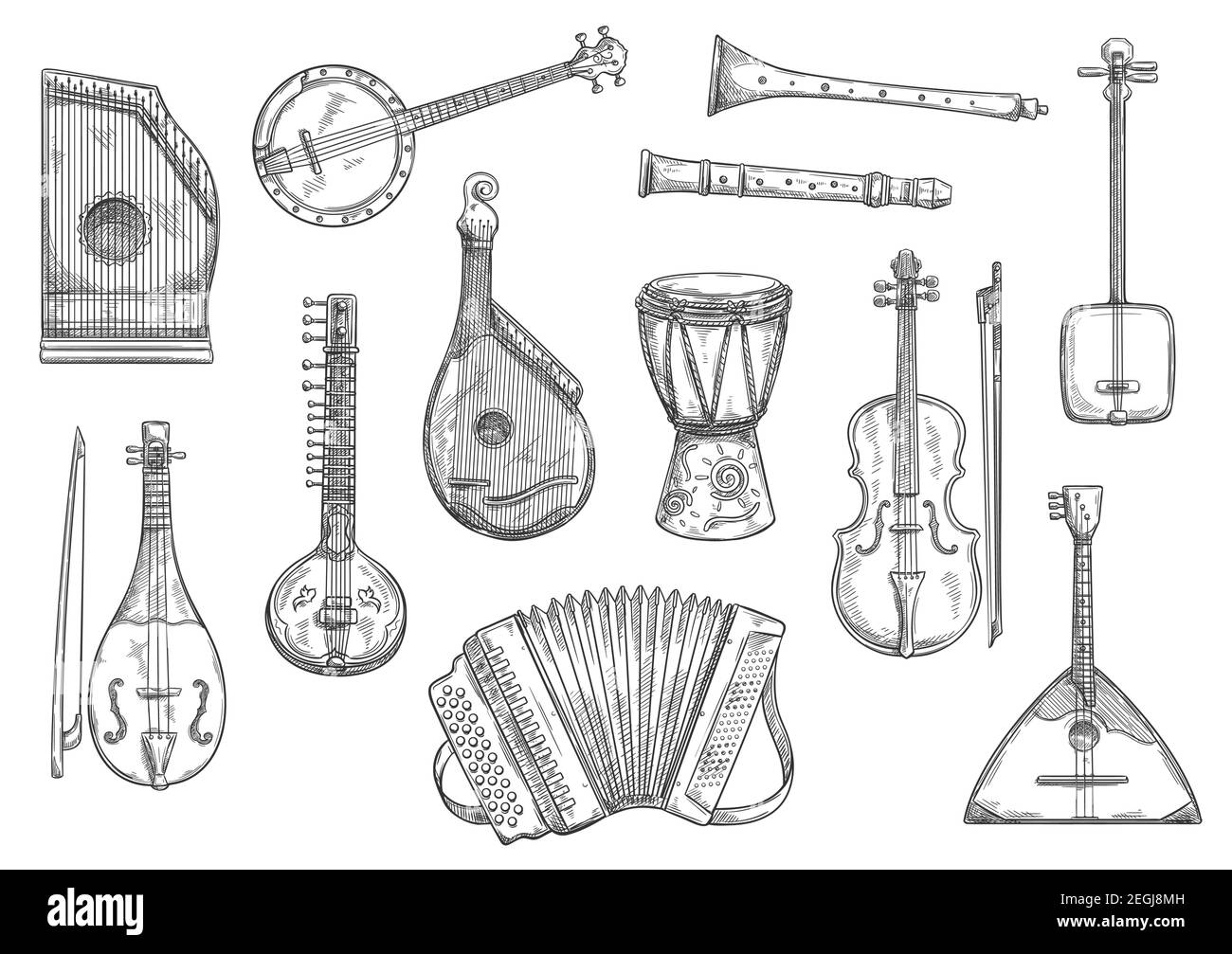 Musical instruments sketches set. Vector button accordion, reed pipe or folk bandura and African jembe drum, Japanese shamisen and banjo guitar or zit Stock Vector